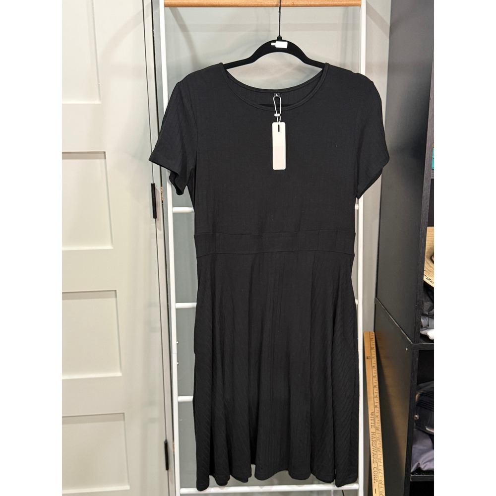 Newshows Womens Black Ribbed Short Sleeve Pocket Fit Flare A-Line Dress Large